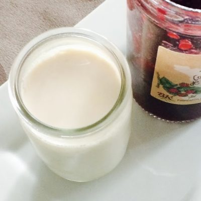 pot de yaourt au soja bio et pot de confiture de fruits rouges